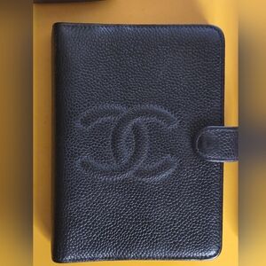 Vintage Chanel Mini Agenda Caviar Leather Black CC Planner w/ Card- Small Size